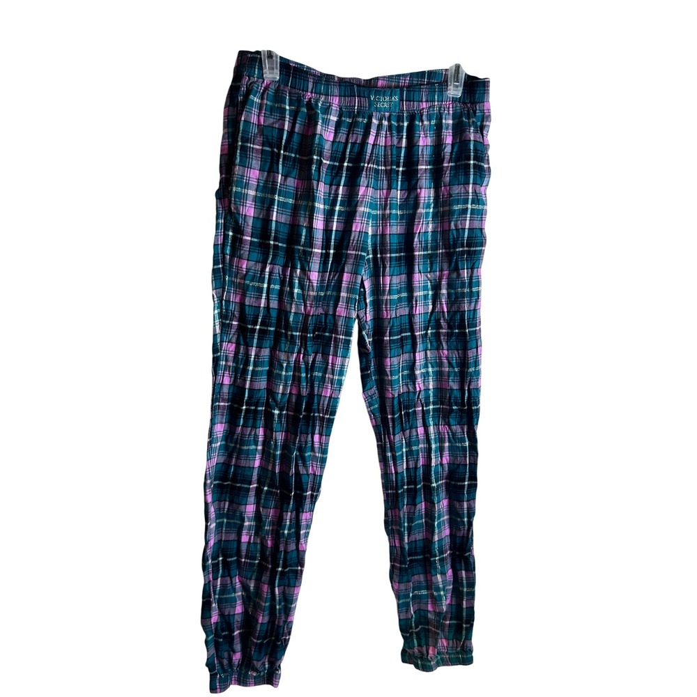 Victoria's Secret VTG Pajama Pants M Green Pink Plaid Metallic Joggers Womens